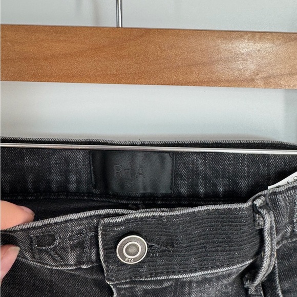 R+A Japanese Denim Distressed Mid Rise Skinny Leg Dark Wash Denim Jeans - Picture 4 of 6